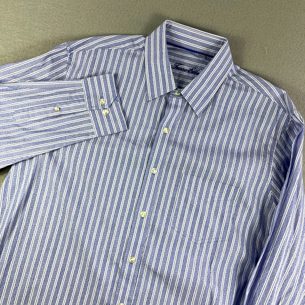 Tasso Elba Mens Blue White Stripe Dobby Dress Shirt Long Sleeve Button Up Size L